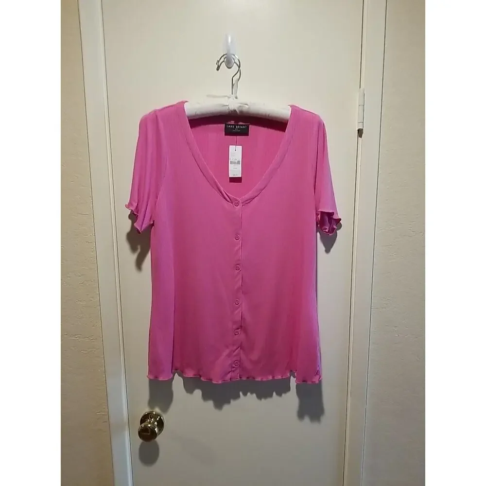 Lane Bryant NWT Womens Short Sleeve Pink Top Button Down Blouse Vneck Size 14/16 - Picture 2 of 9
